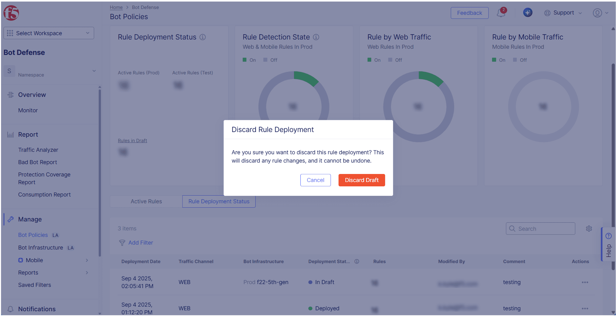 Figure: Discard a Bot Detection Rule Deployment